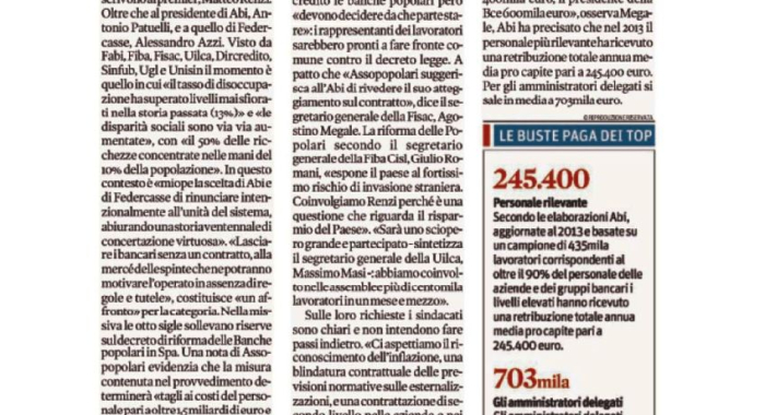 30 GENNAIO SCIOPERO NAZIONALE BANCARI, LA STAMPA DI OGGI