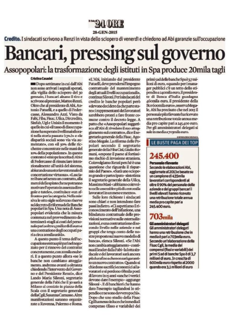 30 GENNAIO SCIOPERO NAZIONALE BANCARI, LA STAMPA DI OGGI